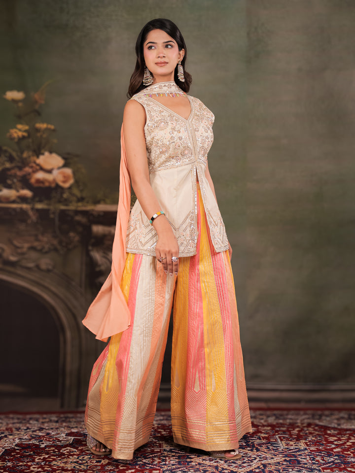 Ivory & Peach Embroidered Kurta Set with Multicolour Palazzo & Peach Dupatta
