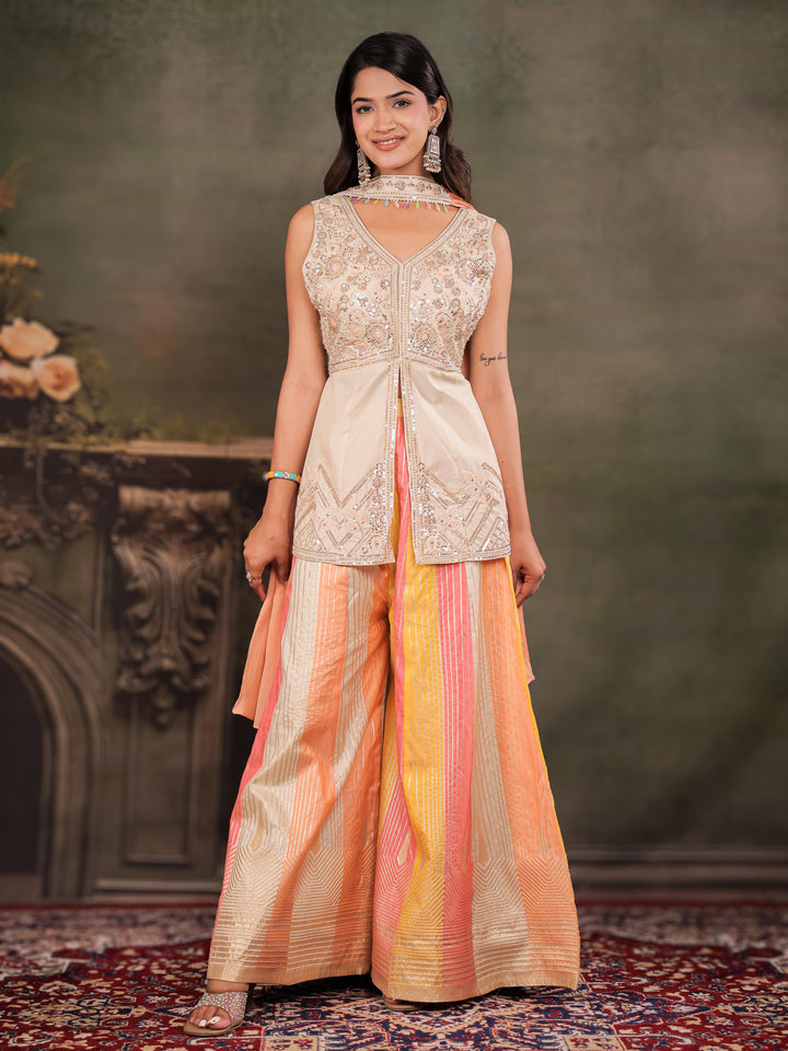 Ivory & Peach Embroidered Kurta Set with Multicolour Palazzo & Peach Dupatta