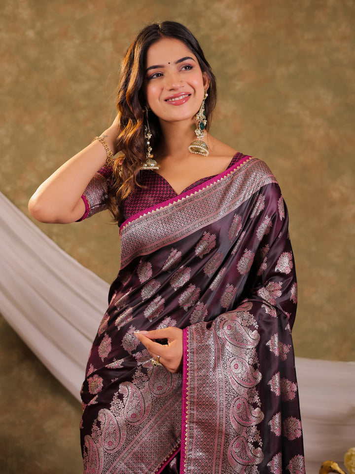 Wine Purple Kanjivaram Banarasi Satin Silk Saree with Intricate Silver Zari Weaving, Royal Heritage Pallu & Tassel Detailing