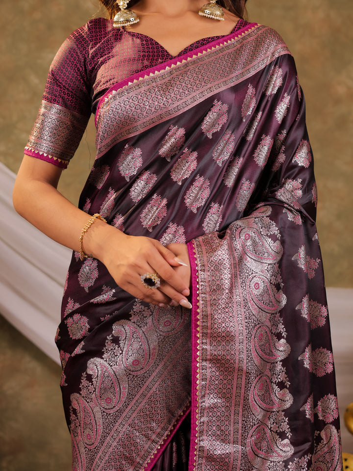Wine Purple Kanjivaram Banarasi Satin Silk Saree with Intricate Silver Zari Weaving, Royal Heritage Pallu & Tassel Detailing