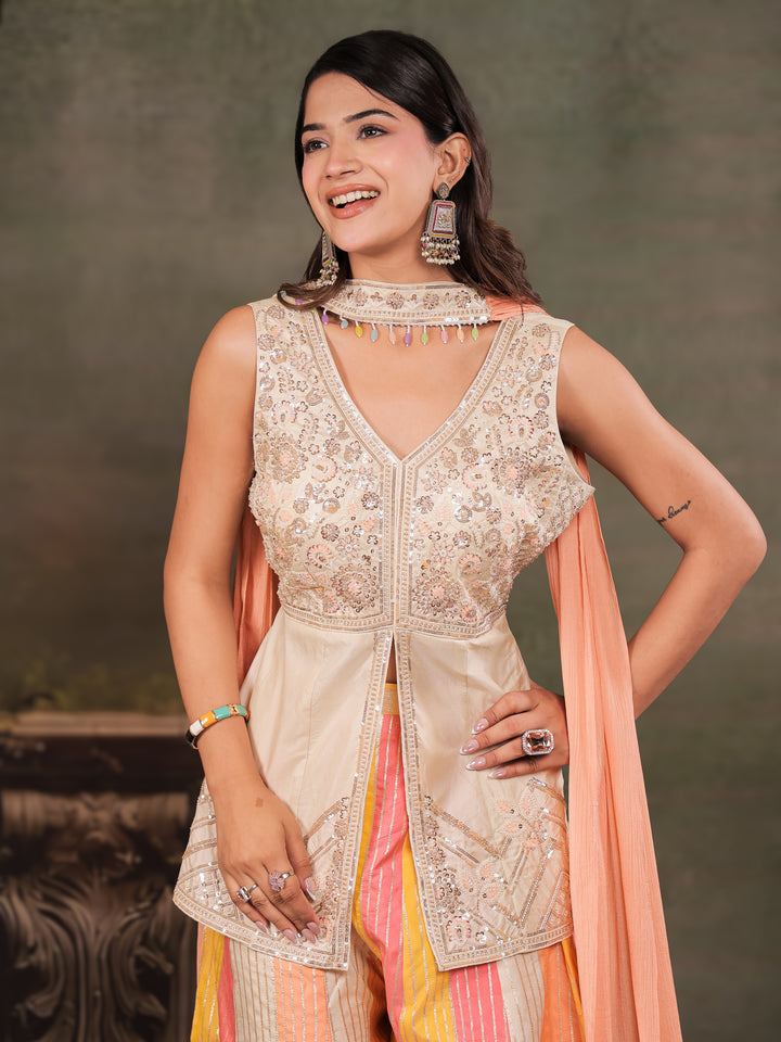 Ivory & Peach Embroidered Kurta Set with Multicolour Palazzo & Peach Dupatta