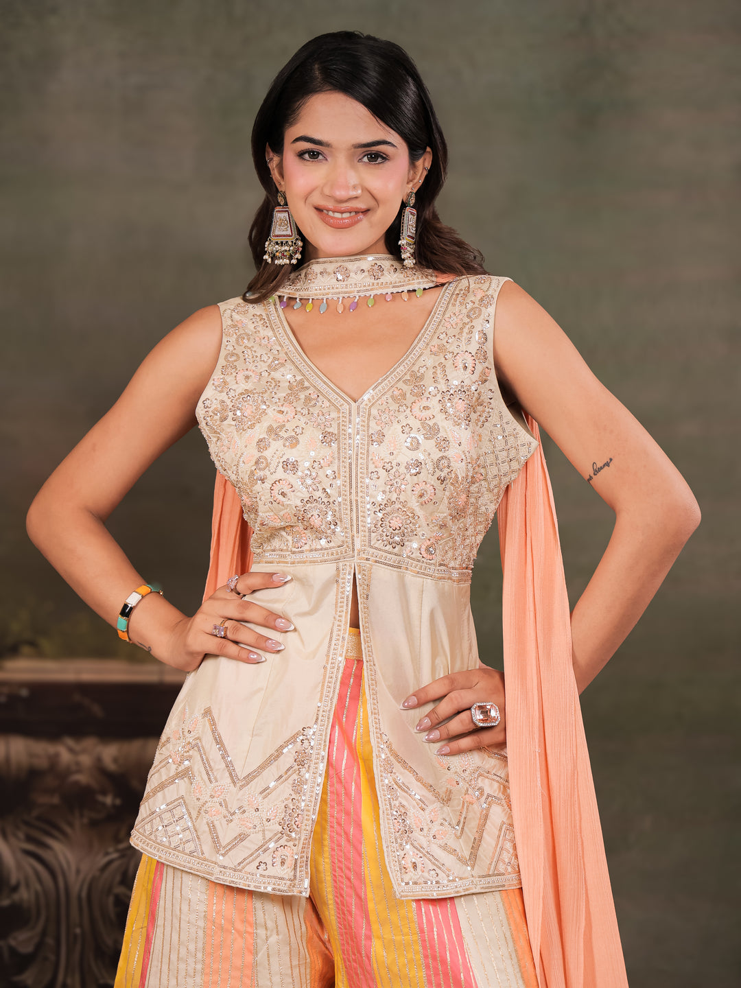 Ivory & Peach Embroidered Kurta Set with Multicolour Palazzo & Peach Dupatta