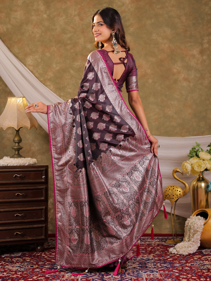 Wine Purple Kanjivaram Banarasi Satin Silk Saree with Intricate Silver Zari Weaving, Royal Heritage Pallu & Tassel Detailing