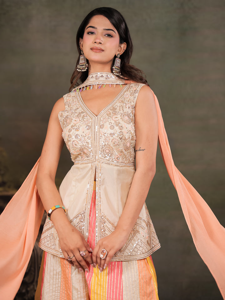 Ivory & Peach Embroidered Kurta Set with Multicolour Palazzo & Peach Dupatta