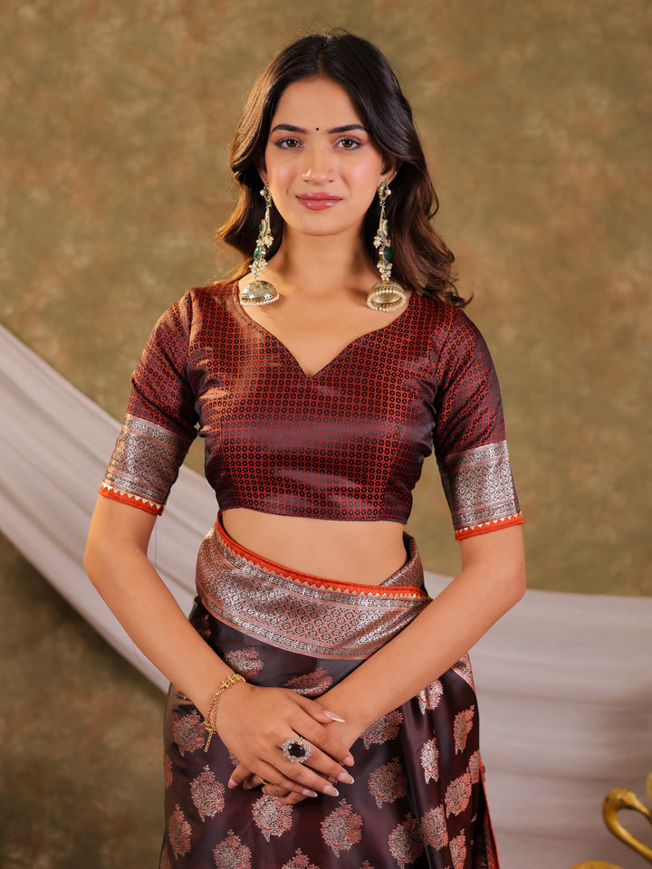 Chocolate Brown Kanjivaram Banarasi Satin Silk Saree with Intricate Silver Zari Weaving, Royal Heritage Pallu & Tassel Detailing