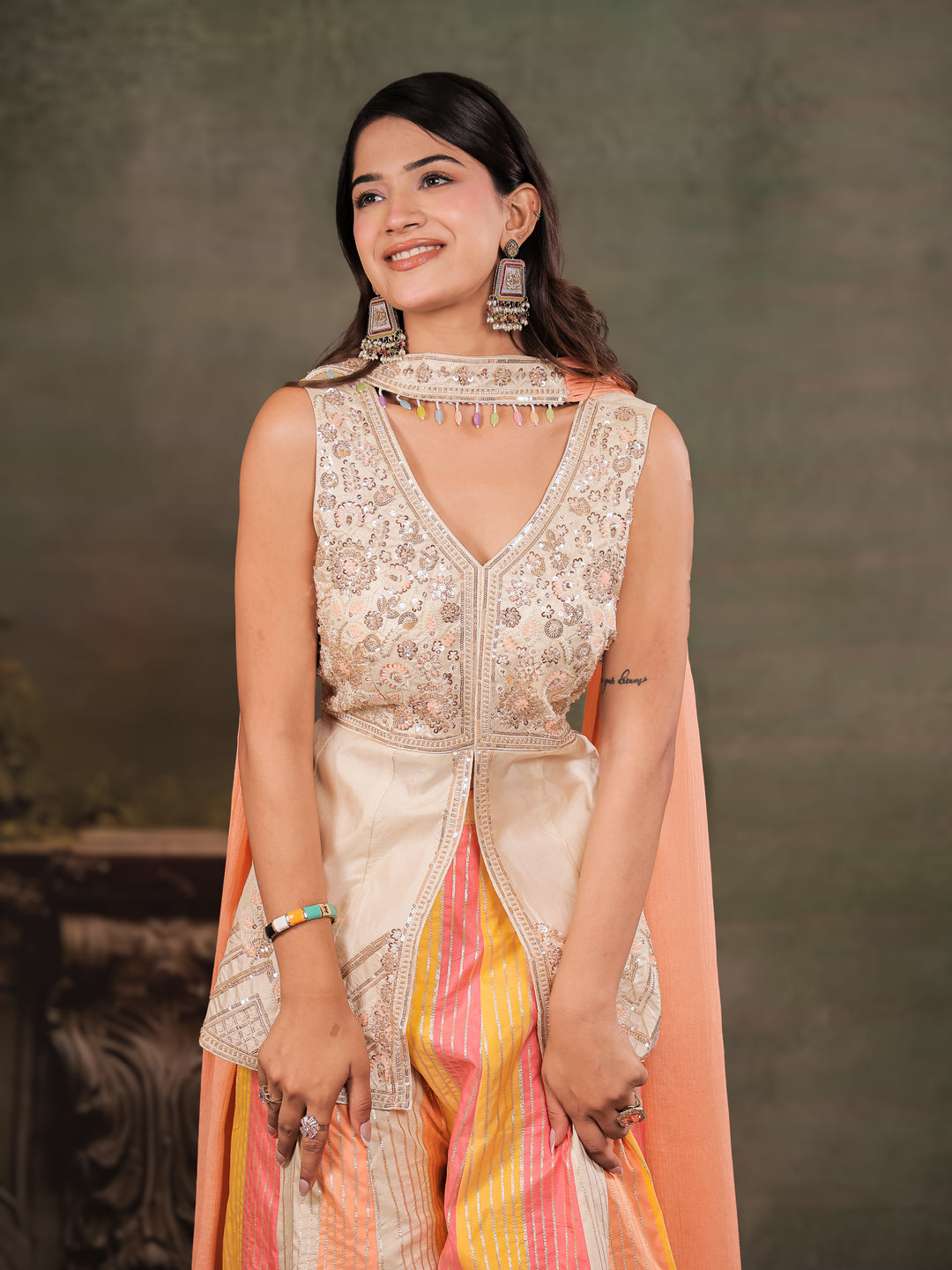 Ivory & Peach Embroidered Kurta Set with Multicolour Palazzo & Peach Dupatta