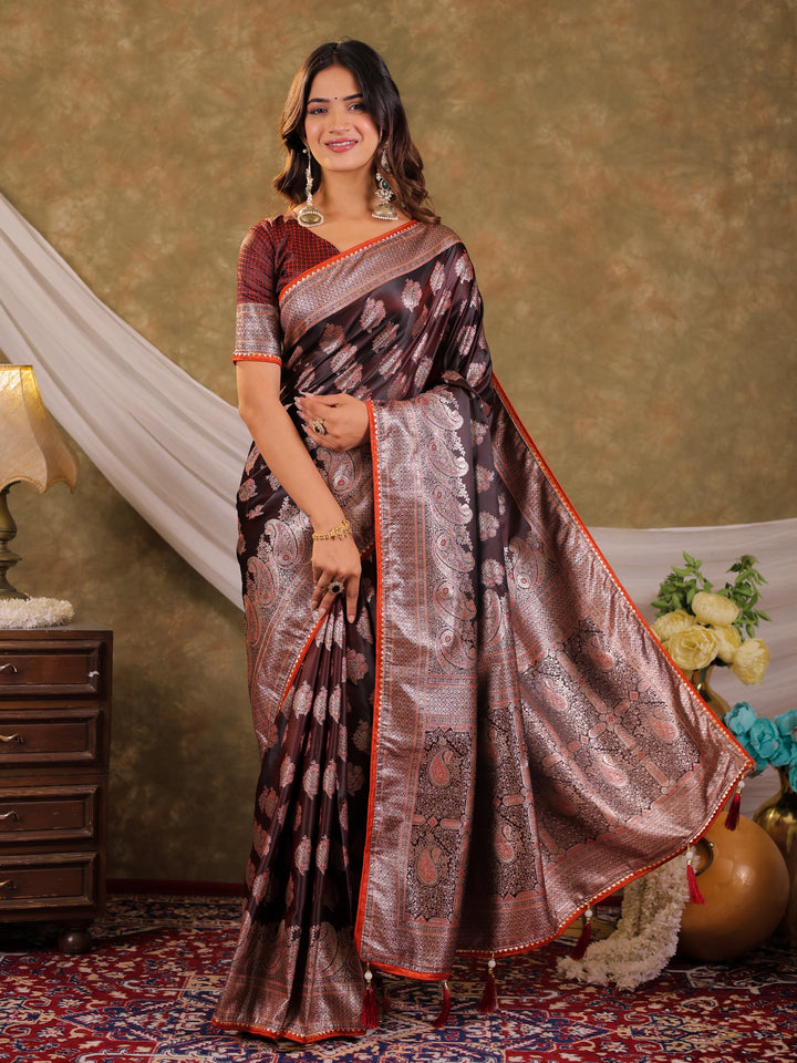 Chocolate Brown Kanjivaram Banarasi Satin Silk Saree with Intricate Silver Zari Weaving, Royal Heritage Pallu & Tassel Detailing