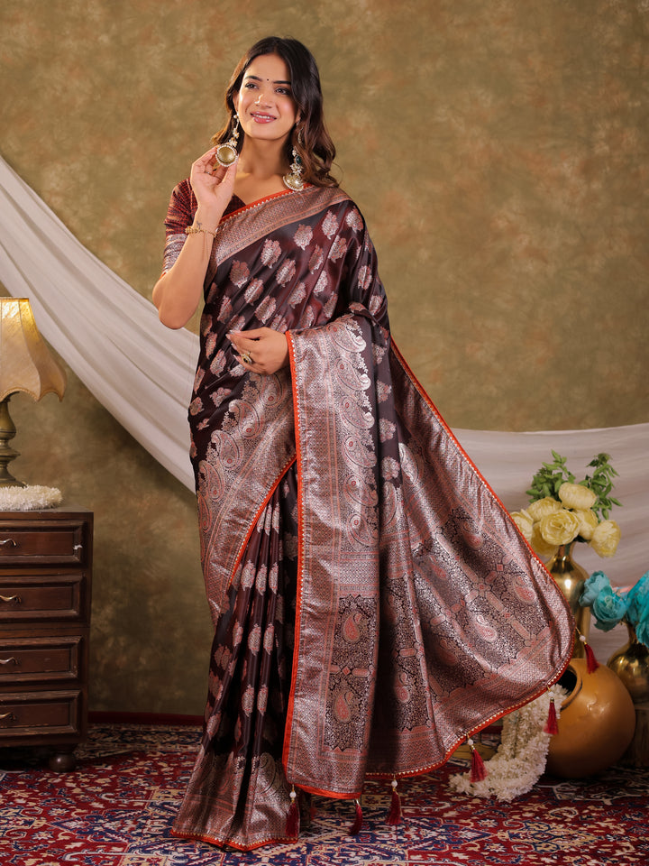 Chocolate Brown Kanjivaram Banarasi Satin Silk Saree with Intricate Silver Zari Weaving, Royal Heritage Pallu & Tassel Detailing