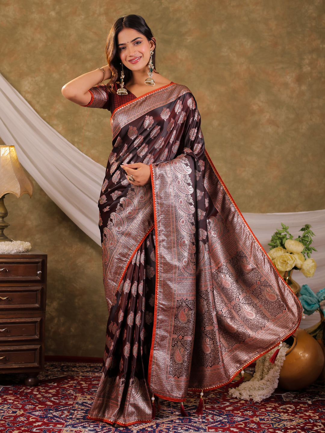 Chocolate Brown Kanjivaram Banarasi Satin Silk Saree with Intricate Silver Zari Weaving, Royal Heritage Pallu & Tassel Detailing