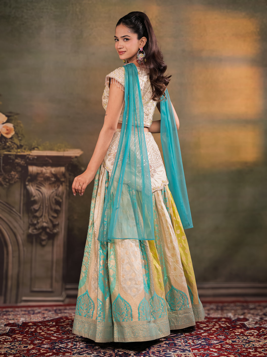 Ivory, Aqua & Lime Green Embroidered Lehenga Set with Designer Peplum Top & Aqua Dupatta