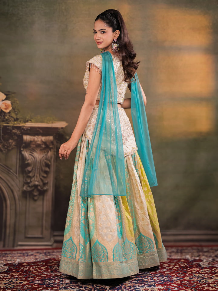Ivory, Aqua & Lime Green Embroidered Lehenga Set with Designer Peplum Top & Aqua Dupatta