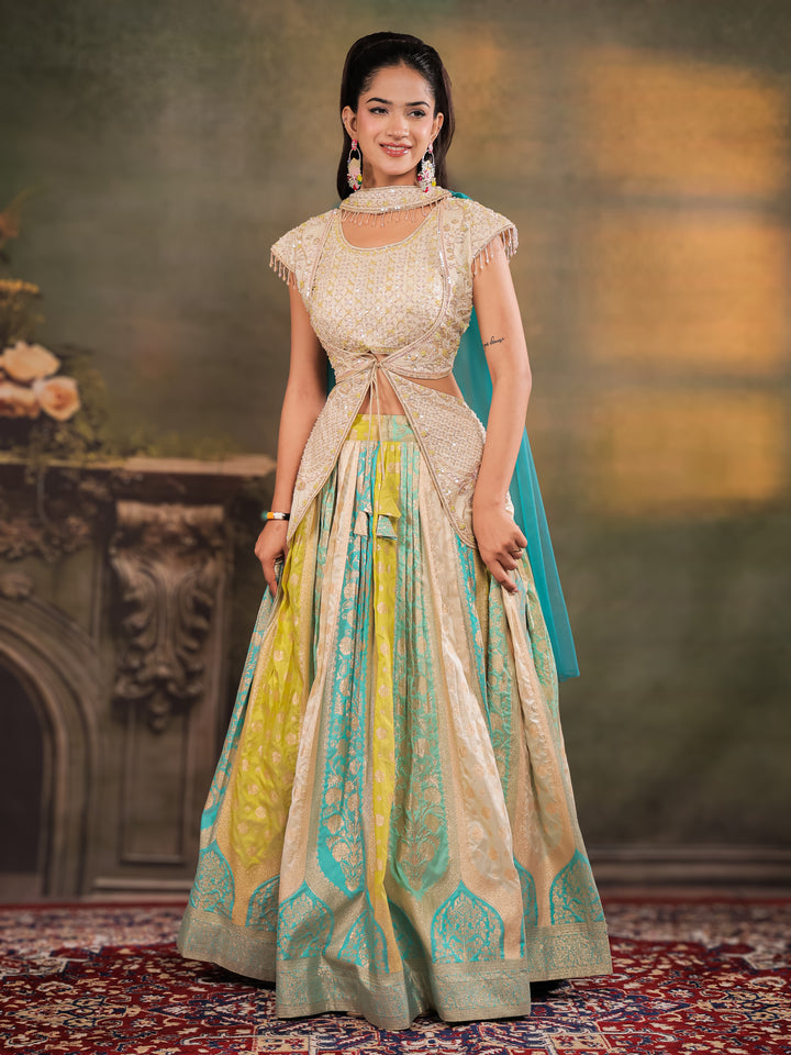 Ivory, Aqua & Lime Green Embroidered Lehenga Set with Designer Peplum Top & Aqua Dupatta