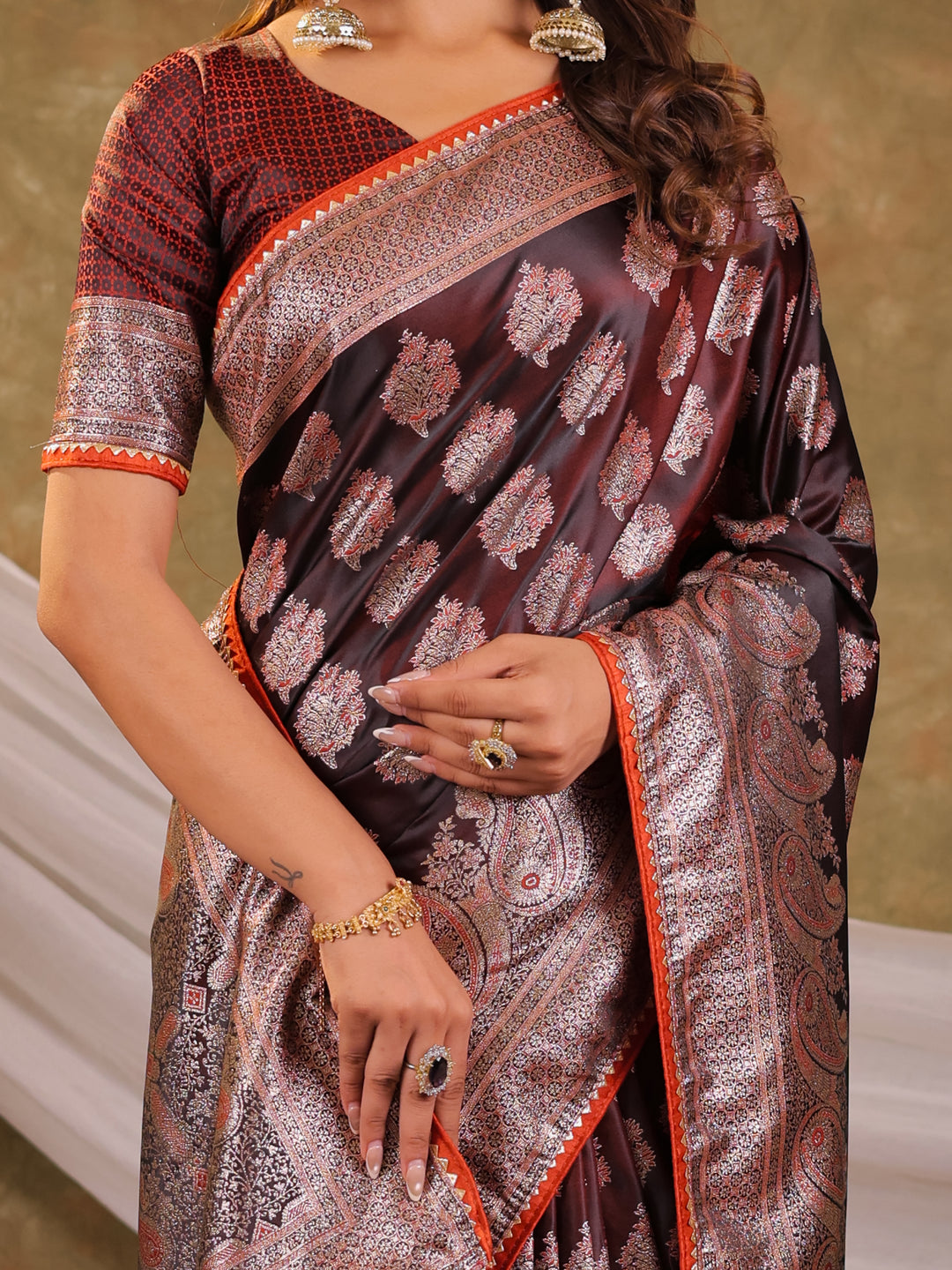 Chocolate Brown Kanjivaram Banarasi Satin Silk Saree with Intricate Silver Zari Weaving, Royal Heritage Pallu & Tassel Detailing