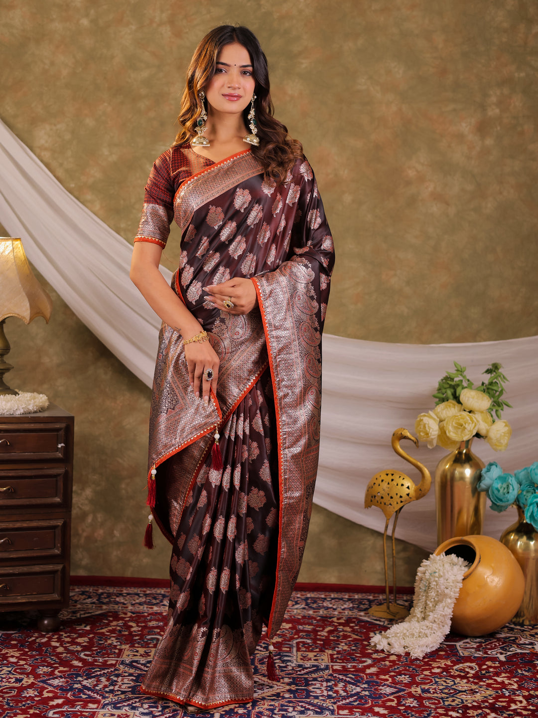 Chocolate Brown Kanjivaram Banarasi Satin Silk Saree with Intricate Silver Zari Weaving, Royal Heritage Pallu & Tassel Detailing
