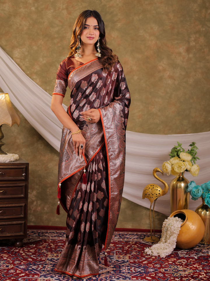 Chocolate Brown Kanjivaram Banarasi Satin Silk Saree with Intricate Silver Zari Weaving, Royal Heritage Pallu & Tassel Detailing