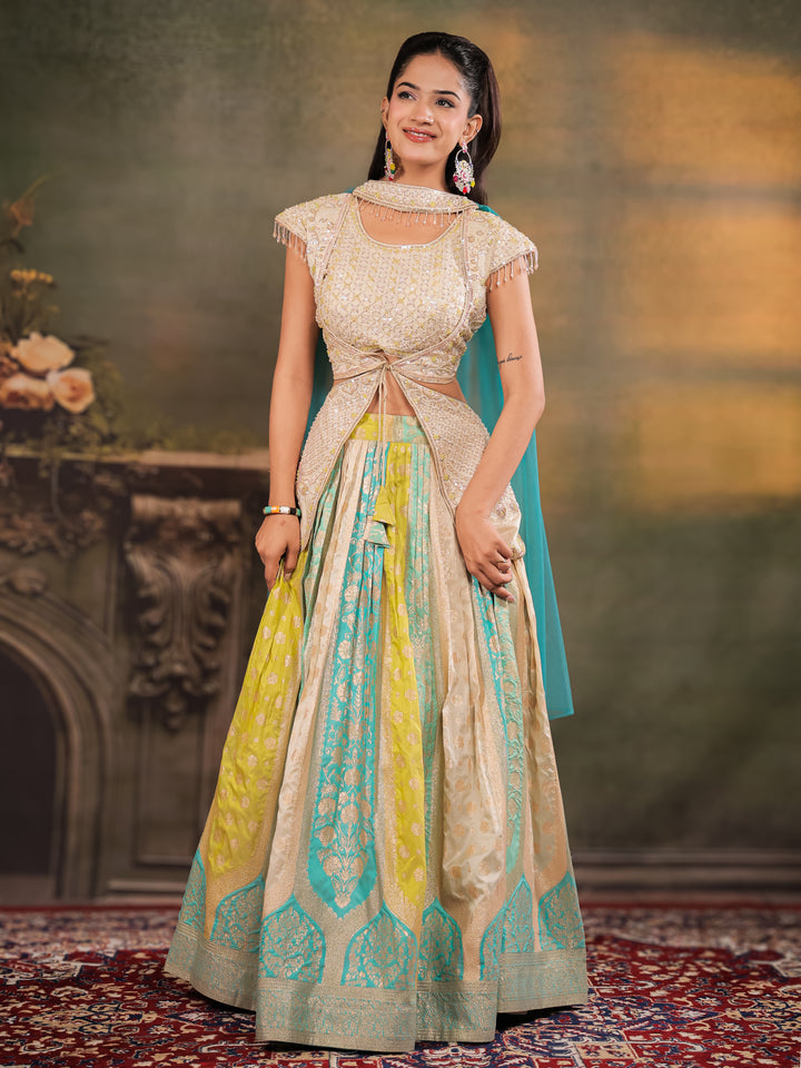 Ivory, Aqua & Lime Green Embroidered Lehenga Set with Designer Peplum Top & Aqua Dupatta