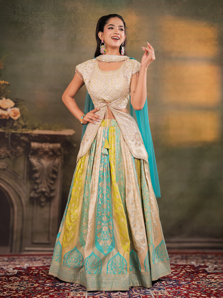 Ivory, Aqua & Lime Green Embroidered Lehenga Set with Designer Peplum Top & Aqua Dupatta