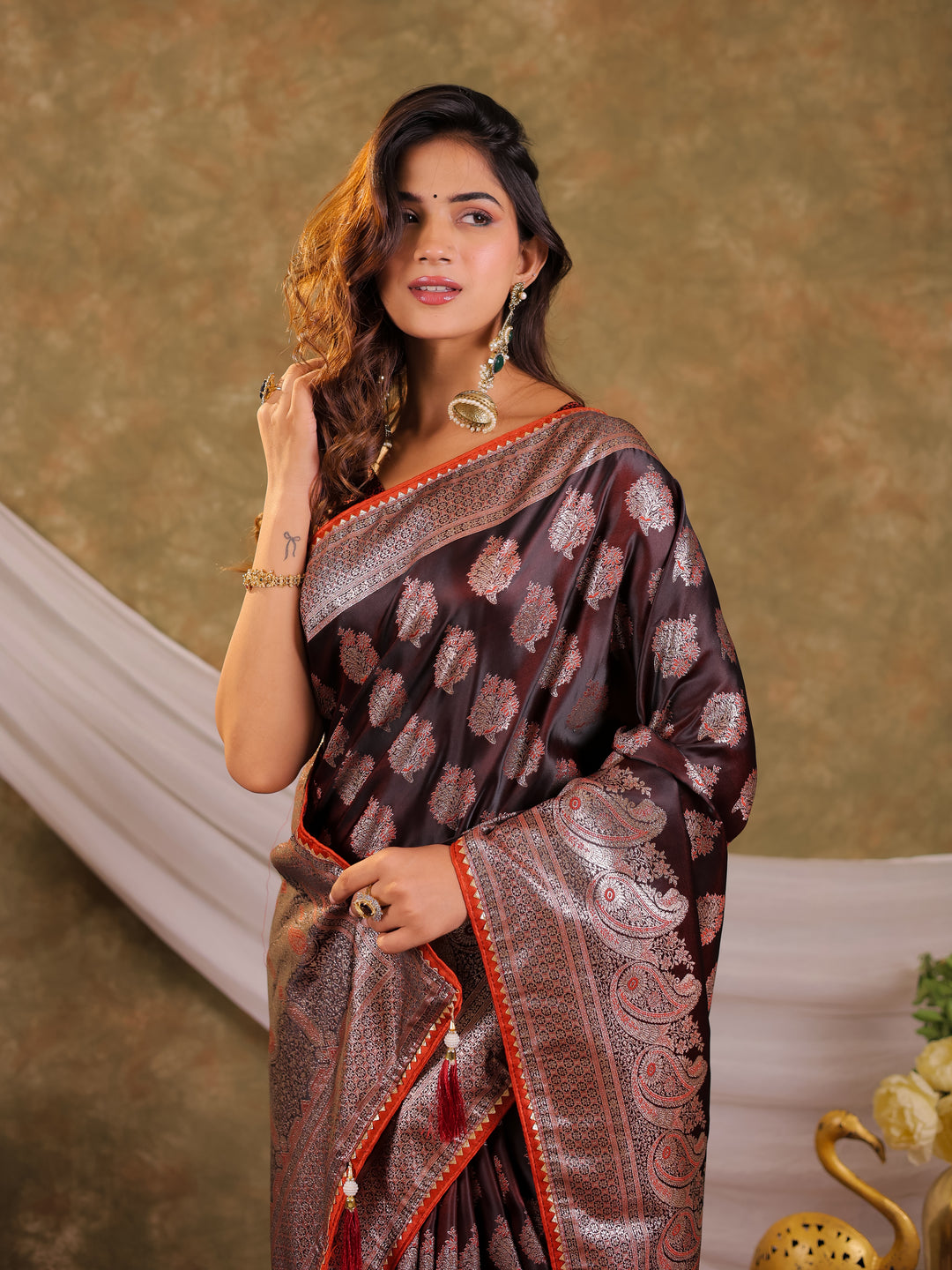 Chocolate Brown Kanjivaram Banarasi Satin Silk Saree with Intricate Silver Zari Weaving, Royal Heritage Pallu & Tassel Detailing
