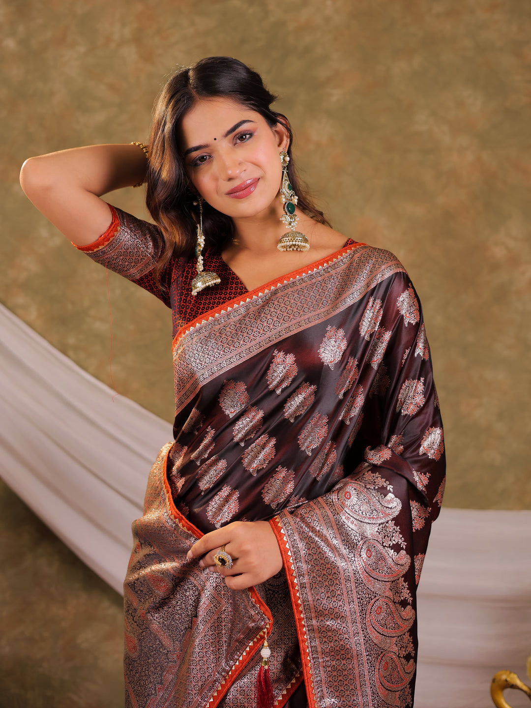 Chocolate Brown Kanjivaram Banarasi Satin Silk Saree with Intricate Silver Zari Weaving, Royal Heritage Pallu & Tassel Detailing
