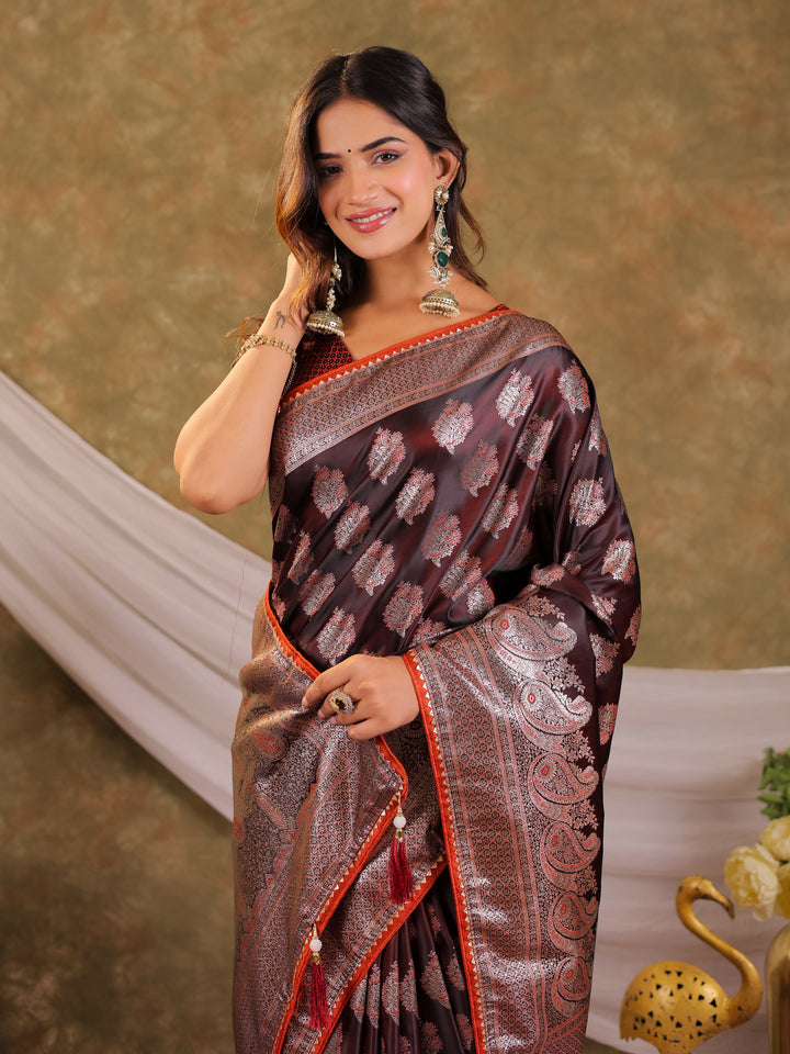 Chocolate Brown Kanjivaram Banarasi Satin Silk Saree with Intricate Silver Zari Weaving, Royal Heritage Pallu & Tassel Detailing