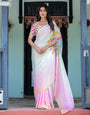 Blush Pink and White Ombre Satin Saree with Mandala Cutout Pallu & Fuchsia Blouse – Elegant Designer Drape