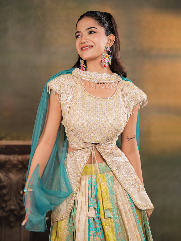 Ivory, Aqua & Lime Green Embroidered Lehenga Set with Designer Peplum Top & Aqua Dupatta