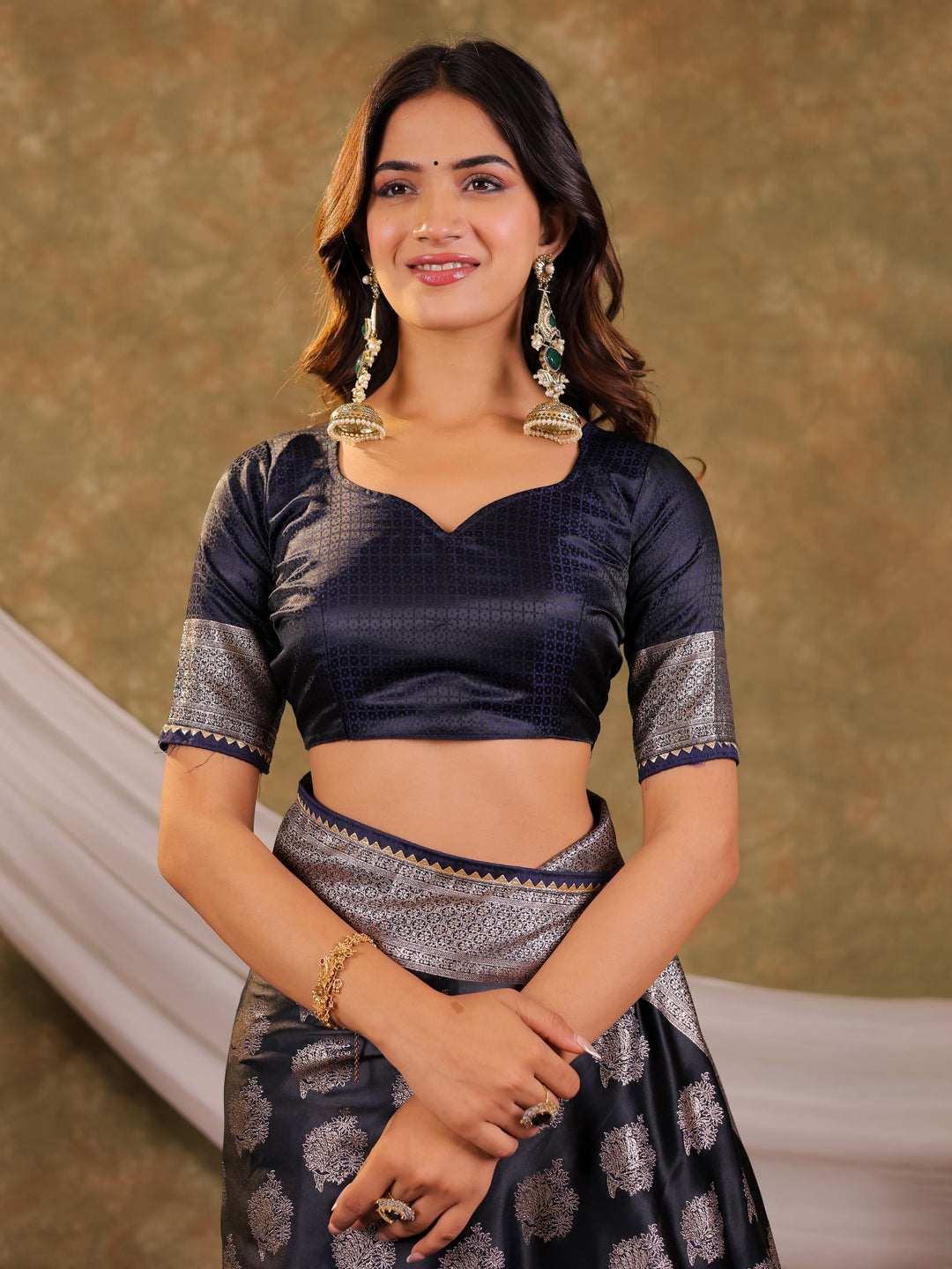 Dark Navy Blue Kanjivaram Banarasi Satin Silk Saree with Intricate Silver Zari Weaving, Royal Heritage Pallu & Tassel Detailing