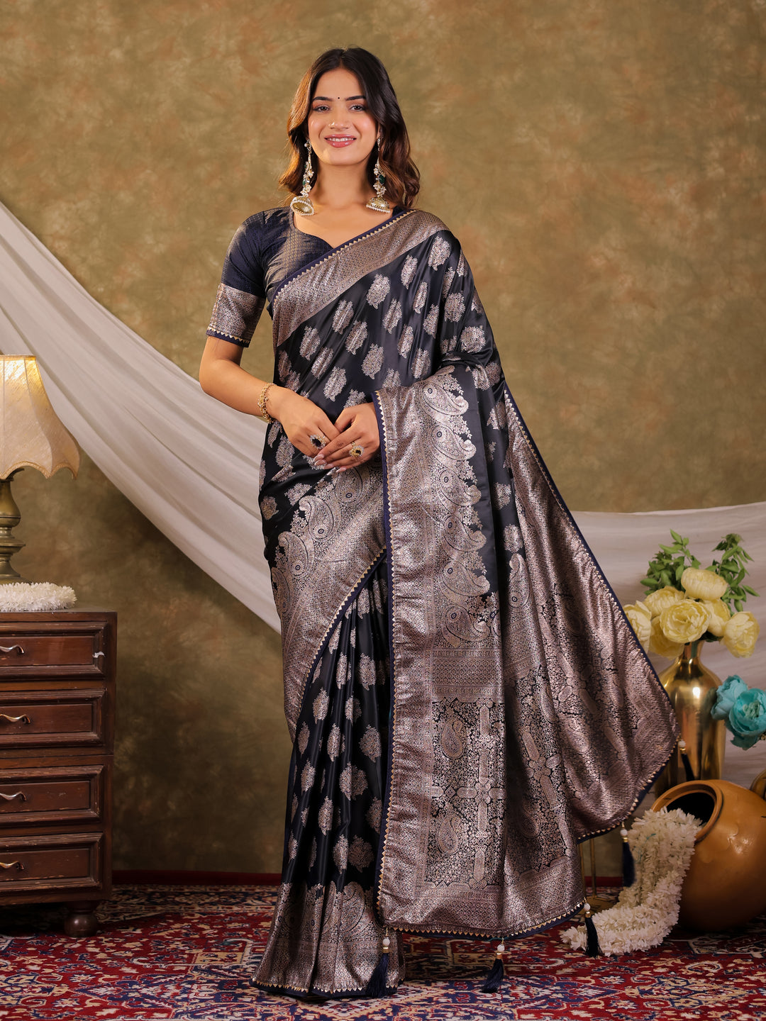 Dark Navy Blue Kanjivaram Banarasi Satin Silk Saree with Intricate Silver Zari Weaving, Royal Heritage Pallu & Tassel Detailing
