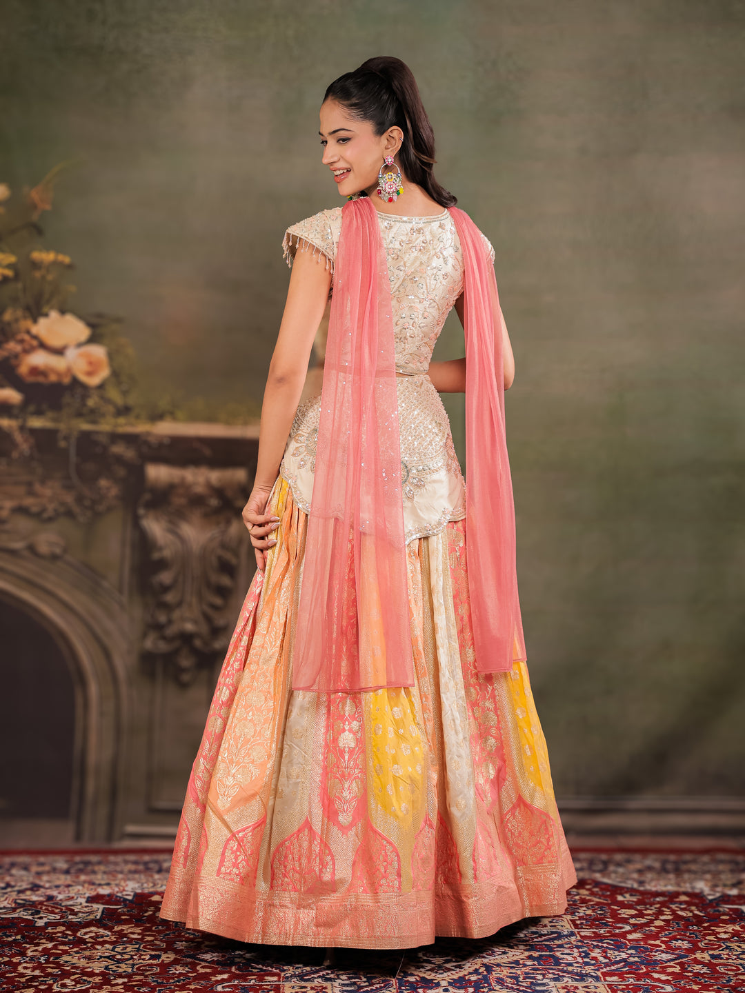 Ivory, Coral & Mustard Embroidered Lehenga Set with Designer Peplum Top & Pink Dupatta