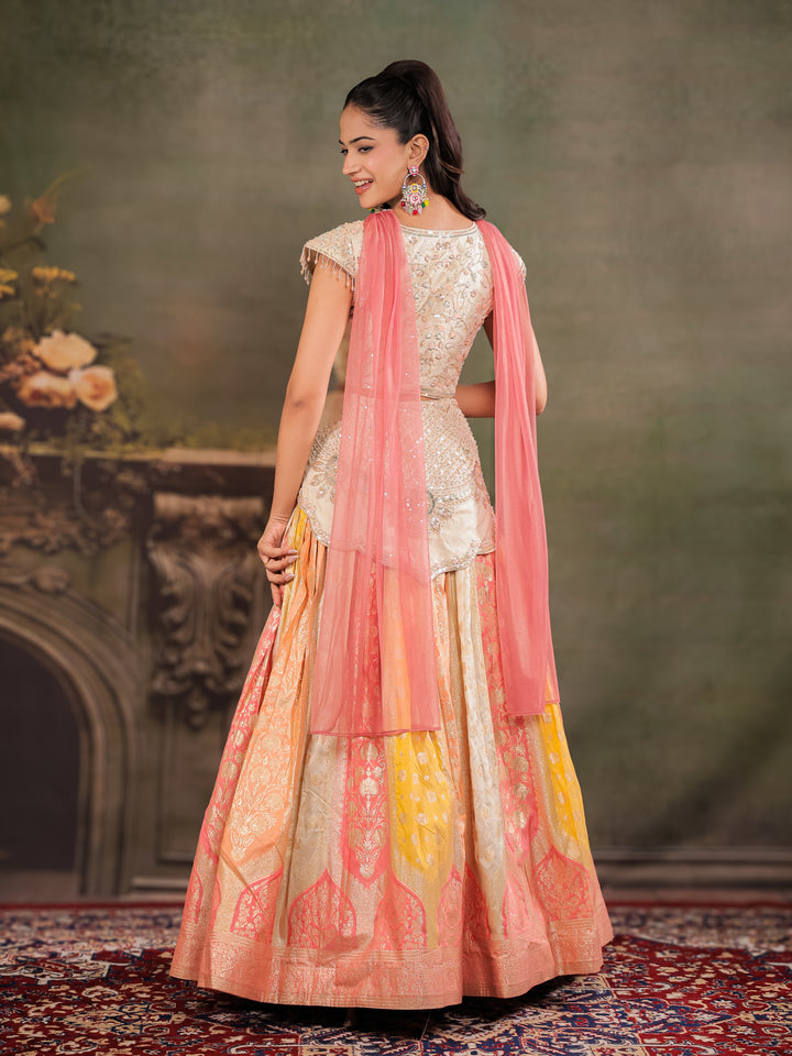 Ivory, Coral & Mustard Embroidered Lehenga Set with Designer Peplum Top & Pink Dupatta