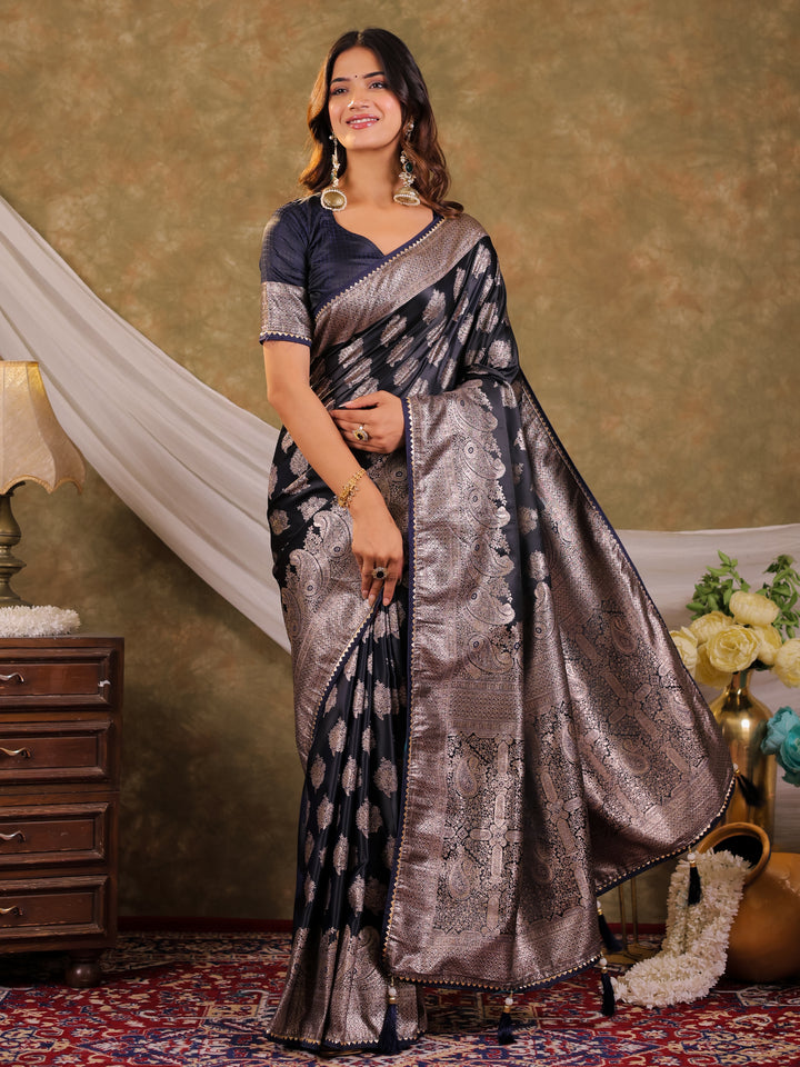 Dark Navy Blue Kanjivaram Banarasi Satin Silk Saree with Intricate Silver Zari Weaving, Royal Heritage Pallu & Tassel Detailing