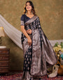 Dark Navy Blue Kanjivaram Banarasi Satin Silk Saree with Intricate Silver Zari Weaving, Royal Heritage Pallu & Tassel Detailing