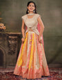 Ivory, Coral & Mustard Embroidered Lehenga Set with Designer Peplum Top & Pink Dupatta