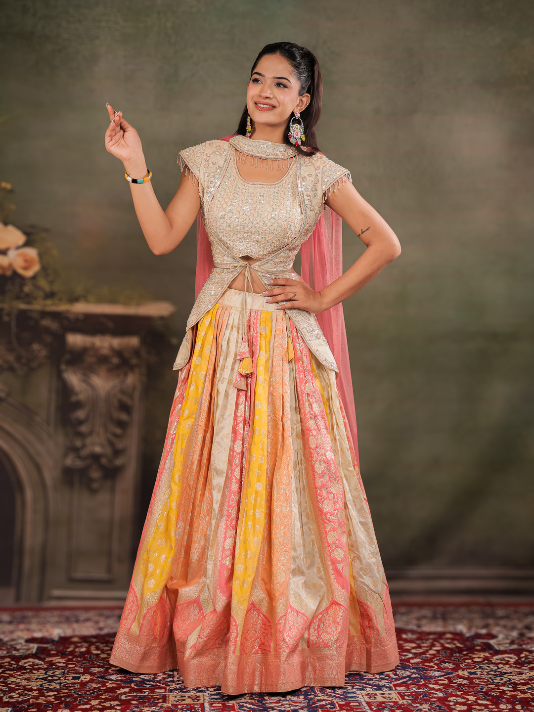 Ivory, Coral & Mustard Embroidered Lehenga Set with Designer Peplum Top & Pink Dupatta