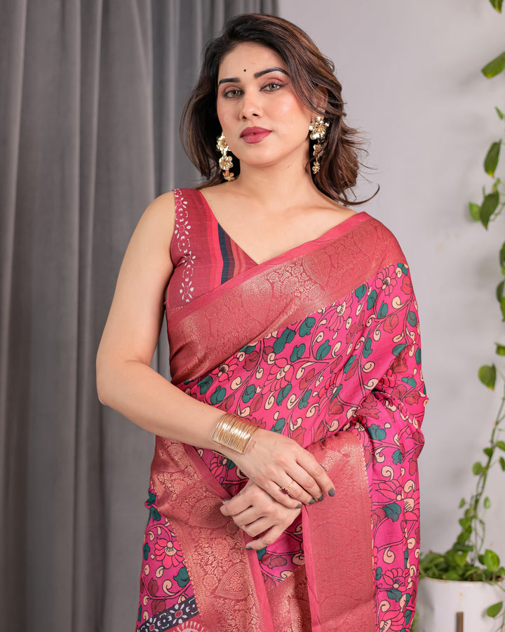 Rani Pink Handloom Linen Saree with Floral Vine Print & Paisley Pallu | Gold Zari Border & Tassel Detailing | Attached Blouse | 5.5m Saree + 0.8m Blouse