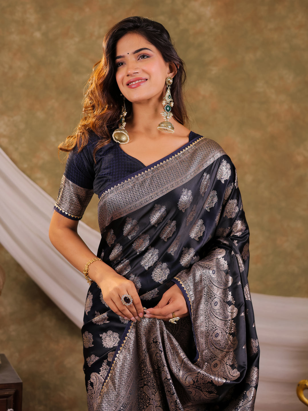 Dark Navy Blue Kanjivaram Banarasi Satin Silk Saree with Intricate Silver Zari Weaving, Royal Heritage Pallu & Tassel Detailing