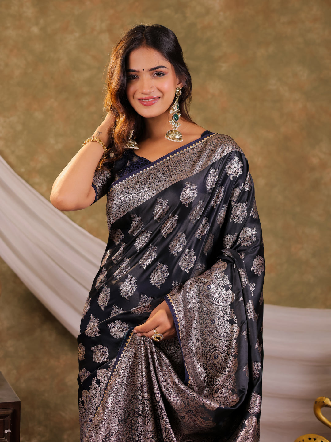 Dark Navy Blue Kanjivaram Banarasi Satin Silk Saree with Intricate Silver Zari Weaving, Royal Heritage Pallu & Tassel Detailing