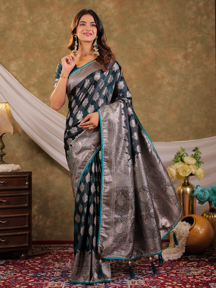 Dark Teal Green Kanjivaram Banarasi Satin Silk Saree with Intricate Silver Zari Weaving, Royal Heritage Pallu & Tassel Detailing