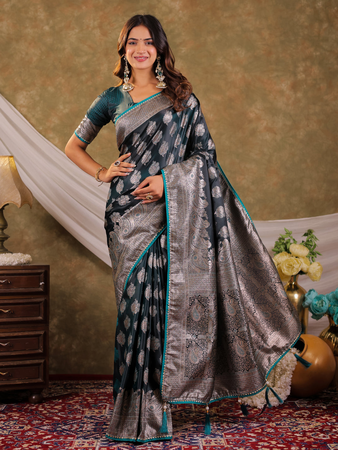 Dark Teal Green Kanjivaram Banarasi Satin Silk Saree with Intricate Silver Zari Weaving, Royal Heritage Pallu & Tassel Detailing