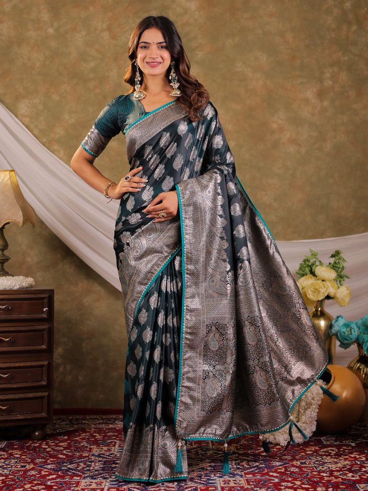 Dark Teal Green Kanjivaram Banarasi Satin Silk Saree with Intricate Silver Zari Weaving, Royal Heritage Pallu & Tassel Detailing