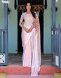 Peach Pink Satin Georgette Designer Saree with Tulip Mandala Artwork & Printed Blouse | Handsfree Pallu Loop