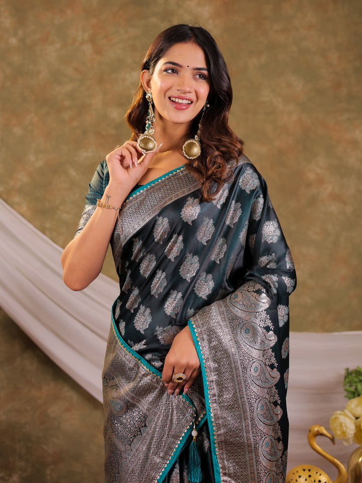 Dark Teal Green Kanjivaram Banarasi Satin Silk Saree with Intricate Silver Zari Weaving, Royal Heritage Pallu & Tassel Detailing