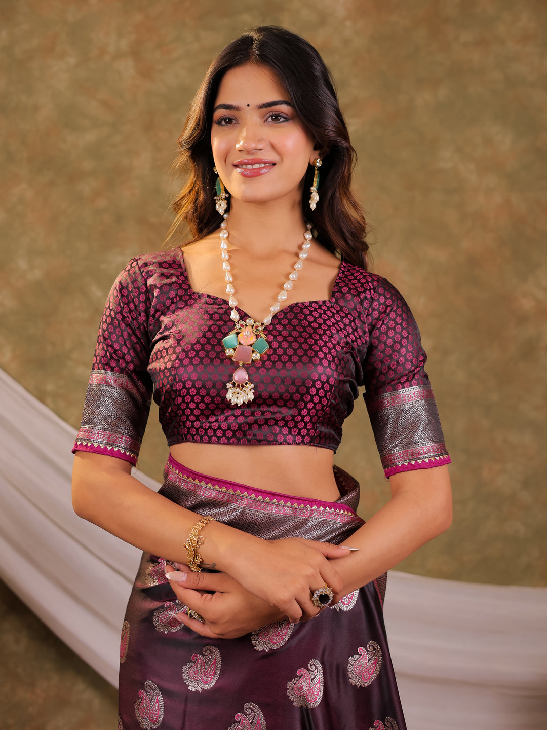Wine Purple Kanjivaram Banarasi Satin Silk Saree with Intricate Silver Zari Weaving, Royal Heritage Pallu & Tassel Detailing