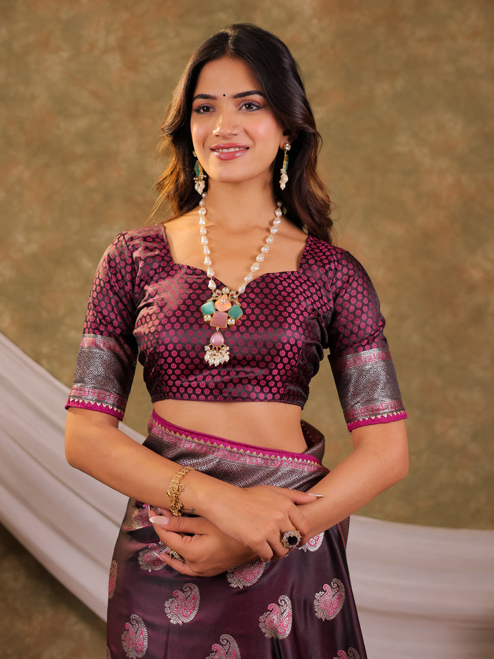 Wine Purple Kanjivaram Banarasi Satin Silk Saree with Intricate Silver Zari Weaving, Royal Heritage Pallu & Tassel Detailing
