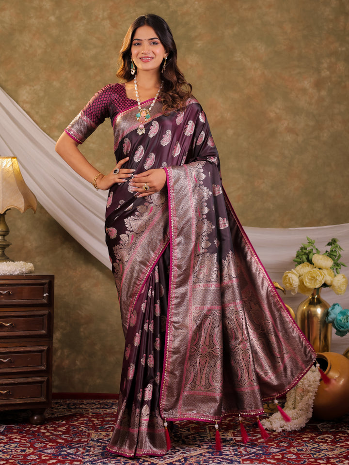 Wine Purple Kanjivaram Banarasi Satin Silk Saree with Intricate Silver Zari Weaving, Royal Heritage Pallu & Tassel Detailing