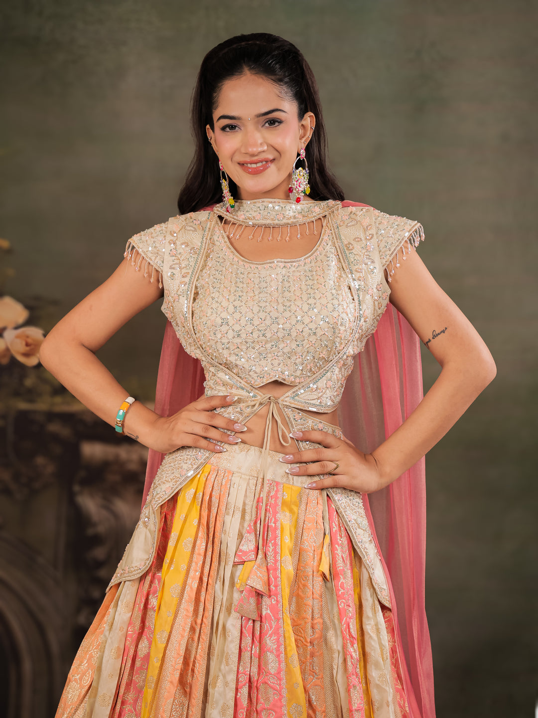 Ivory, Coral & Mustard Embroidered Lehenga Set with Designer Peplum Top & Pink Dupatta