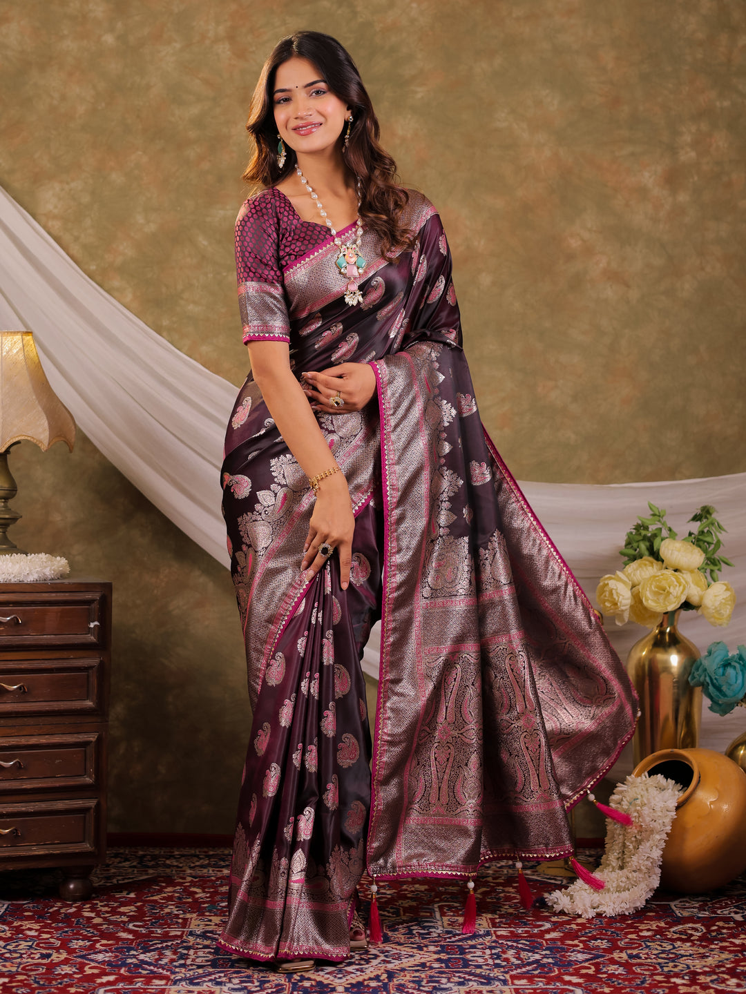 Wine Purple Kanjivaram Banarasi Satin Silk Saree with Intricate Silver Zari Weaving, Royal Heritage Pallu & Tassel Detailing