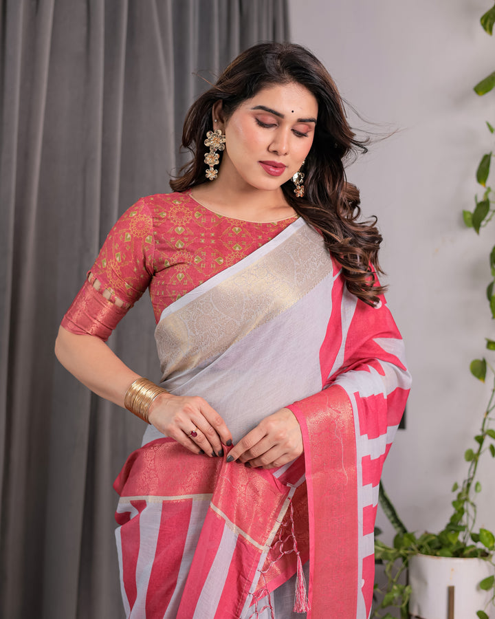 White & Pink Handloom Linen Saree with Geometric Flag Print & Gold Zari Border | Festive Tassel Detailing | Attached Blouse | 5.5m Saree + 0.8m Blouse