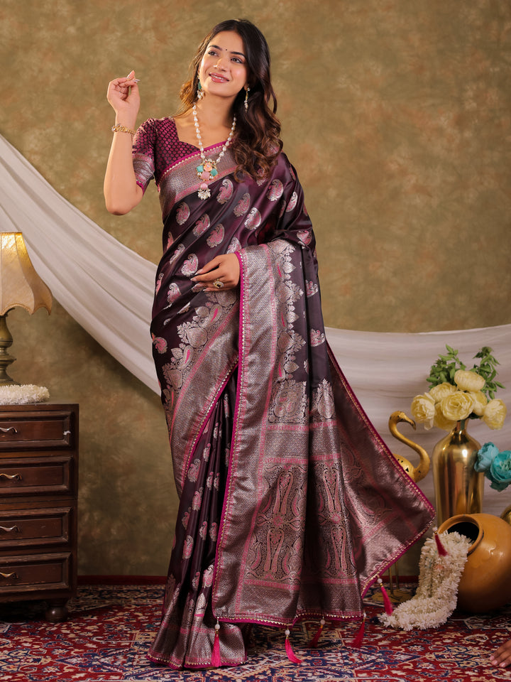 Wine Purple Kanjivaram Banarasi Satin Silk Saree with Intricate Silver Zari Weaving, Royal Heritage Pallu & Tassel Detailing