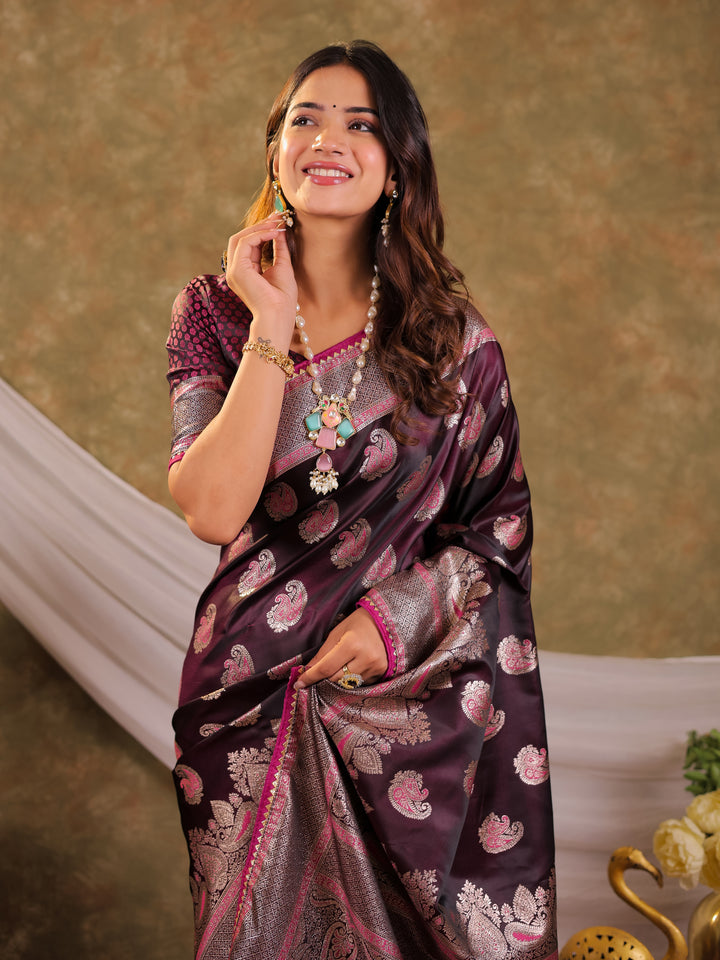 Wine Purple Kanjivaram Banarasi Satin Silk Saree with Intricate Silver Zari Weaving, Royal Heritage Pallu & Tassel Detailing